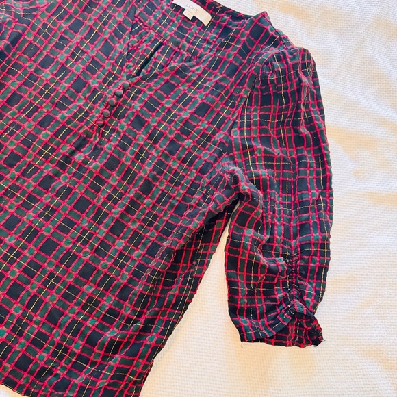 LOFT Black Red Green Gold Plaid V-Neck Blouse Puff Sleeve Top Women’s Shirt - Picture 5 of 16